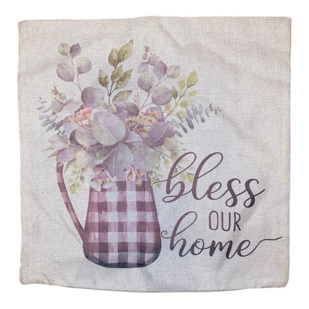 FARMHOUSE STYLE Decorative Pillow Cover Plaid Flower Pot Floral Pattern GRN/PUR